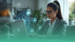 Employee using AI tools on a laptop, symbolizing workplace technology and employer policies.