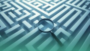 Magnifying glass over a maze, symbolizing Ontario employers carefully reviewing AI hiring tools for bias and legal risk.