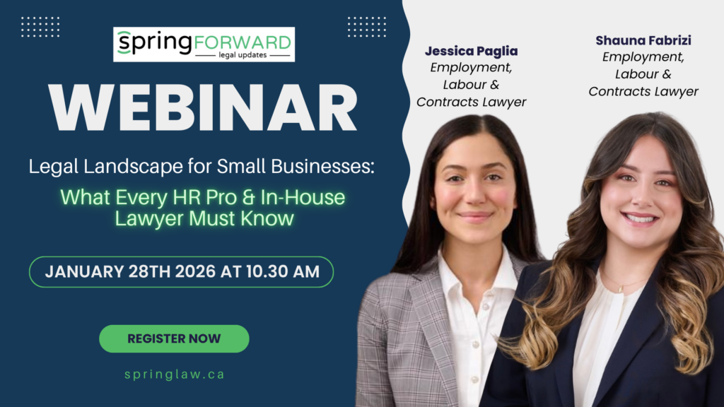 Spring Law webinar graphic featuring employment lawyers Jessica Paglia and Shauna Fabrizi and January 28, 2026 event details.