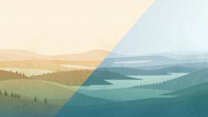 Abstract Canadian landscape split into two regions with warm prairie tones on one side and cool northern lake tones on the other, symbolizing cross‑province remote work rules.