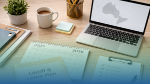 Calendar showing 2025 and 2026 beside documents labeled layoff and leave plan, representing Ontario ESA leave and layoff updates.
