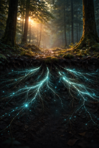 Glowing digital-style root network beneath a forest floor representing hidden AI systems powering modern workplaces.