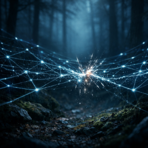 Abstract digital network in a forest with a fractured glowing connection symbolizing online misconduct and workplace risk
