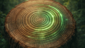 Tree trunk cross-section with glowing green rings representing phased federal HR compliance changes over time