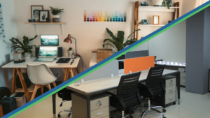 Split image showing a home office and corporate office workspace representing return to office mandates and remote work tensions in Canadian workplaces