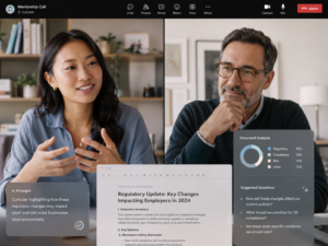 Virtual mentoring conversation with AI-assisted document analysis, showing how mentoring supports judgment and strategy in modern workplaces