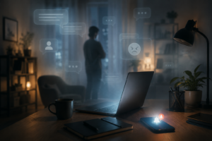 Foggy home office with glowing message bubbles representing virtual workplace harassment and online misconduct risks