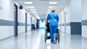 Healthcare worker pushing a wheelchair down a hospital hallway, representing medical leave and workplace accommodation