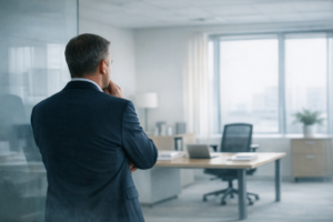 Business leader standing in a quiet office, considering a termination decision while an employee is on leave