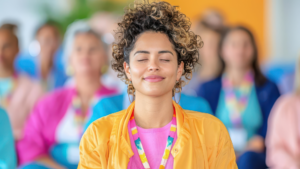 Team member practicing mindfulness and reflection during a workplace learning session about AI adoption and growth mindset culture.