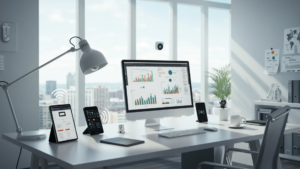 Office workspace with computer dashboard, mobile devices, and monitoring technology illustrating electronic employee monitoring in Ontario workplaces.