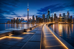 A modern conceptual bridge leading toward Toronto's skyline at blue hour, symbolizing thoughtful workplace change, organizational stability, and business growth.