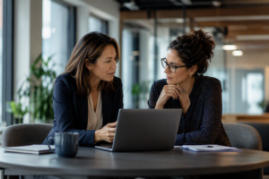 Two workplace professionals reviewing information on a laptop during a discussion about employee wellbeing and psychological safety in a modern office.