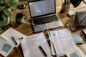 Overhead view of a modern workspace with a laptop, resumes, job description documents, notebook, coffee mug, and subtle digital connections showing how AI is already integrated into everyday workplace tasks.