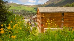 Mountain village with wooden buildings overlooking a valley, representing workplace accommodations that can evolve while supporting long-term stability and growth.